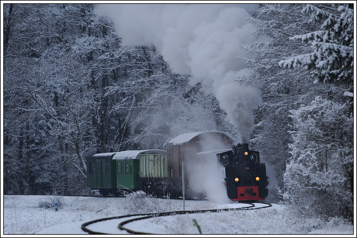 764-411R der Stainzer Bahn am 16.12.2018 mit einem Güterzug von Preding nach Stainz, aufgenommen kurz nach Wohlsdorf.