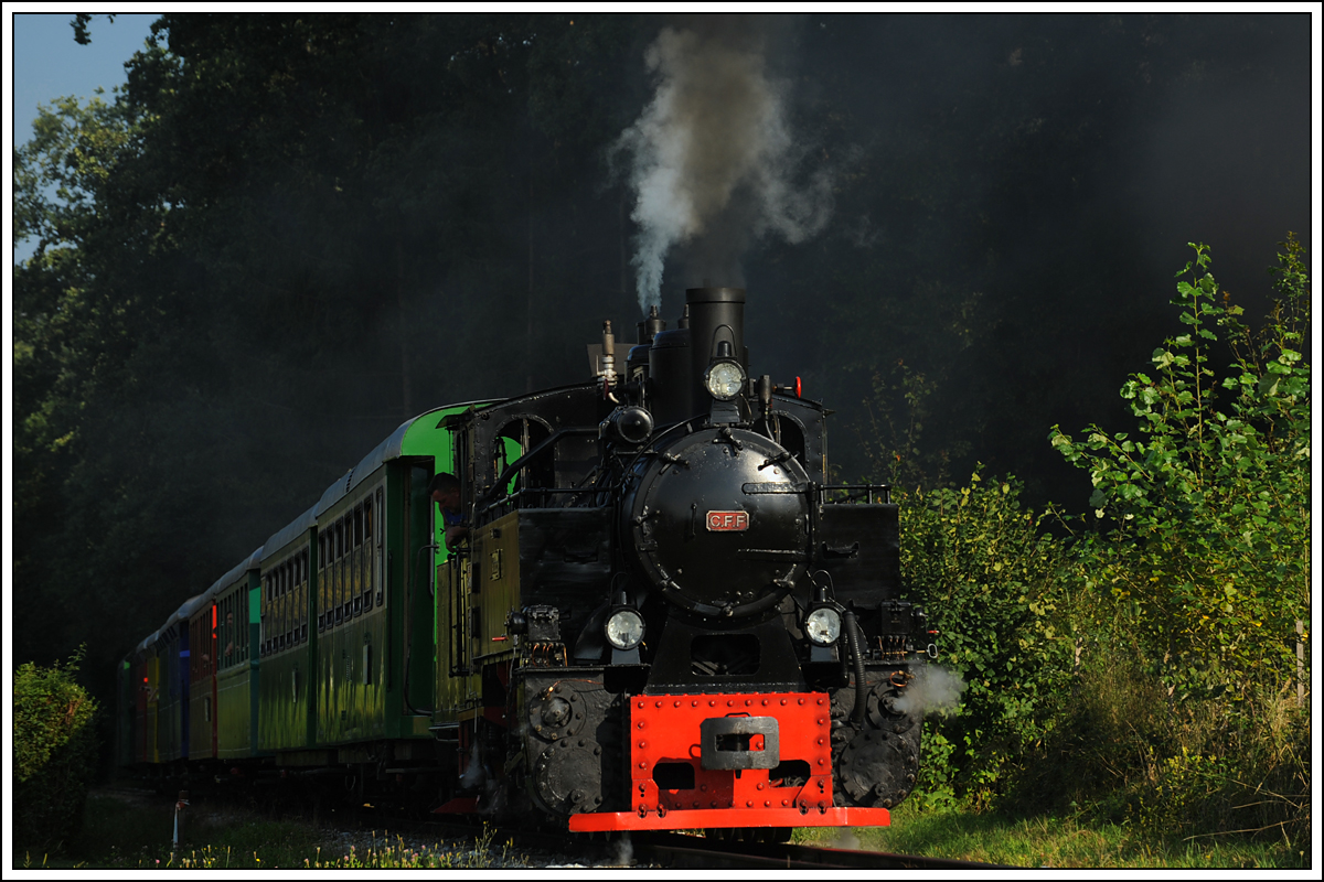 764-411R der Stainzer Bahn am 18.8.18 auf der Fahrt von Preding nach Stainz bei der Ausfahrt aus dem so genannten Bahnwald in Graschuh, kurz vor Stainz.
