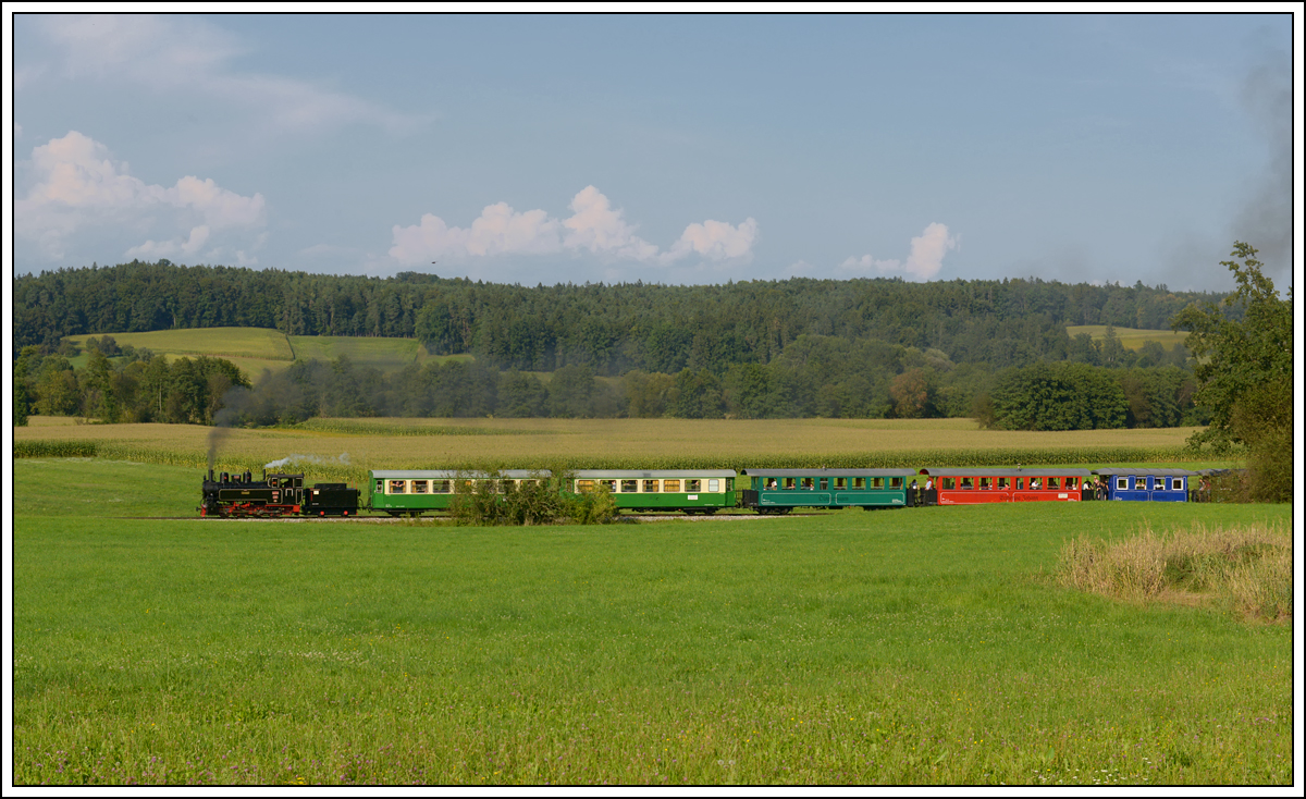 764-411R der Stainzer Bahn am 18.8.18 auf der Fahrt von Preding nach Stainz  zwischen den Haltestellen Neudorf/Stainztal und Ölmühle Herbersdorf aufgenommen. Mittlerweile hat Max das große Schild am Tender entfernt und es durch ein kleines unauffälliges ersetzt.