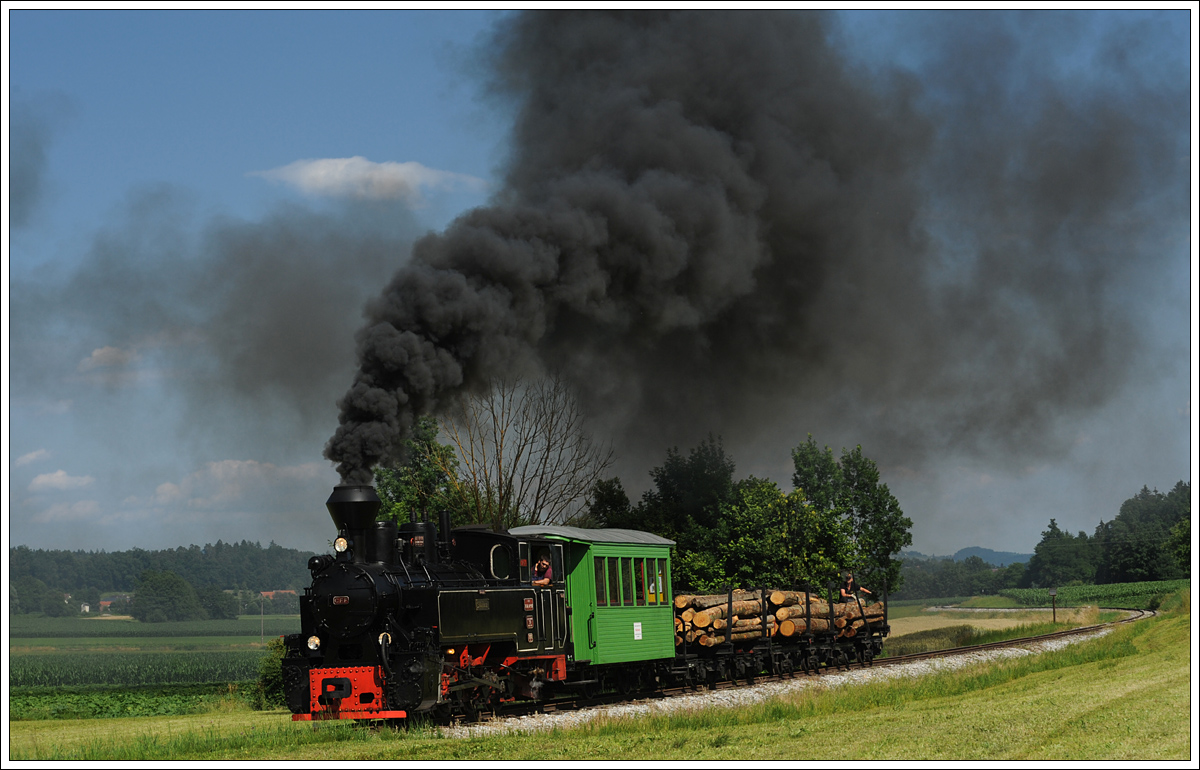 764.411R mit einem Fotogüterzug am 26.6.2015 kurz vor der Einfahrt in die Haltestelle Herbersdorf aufgenommen.