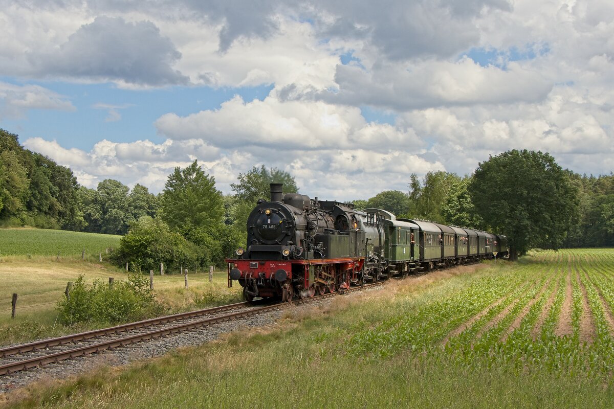 78 468 auf der zweiten von drei Pfingstdampf-Pendelfahrten über die Tecklenburger Nordbahn von Osnabrück kurz vor Westerkappeln (06.06.2022)