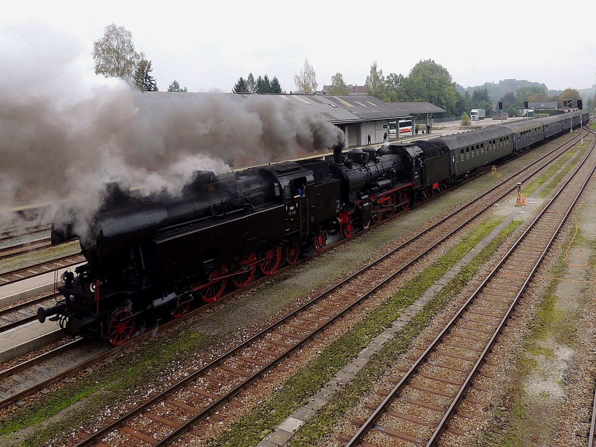 78.618 schiebt mit 638.1301 einen IGE-Sonderzug anlässlich einer Scheinanfahrt aus dem Bhf. Ried i.I.; 141005