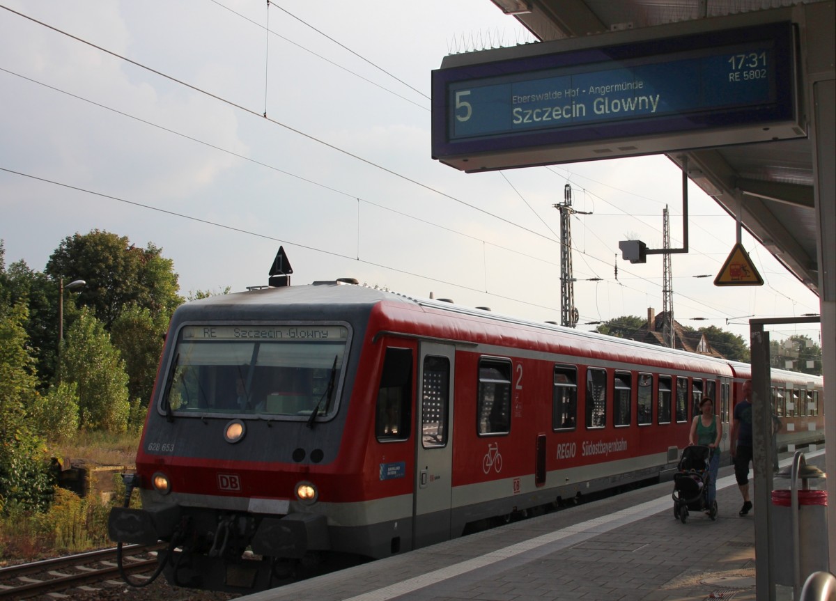 7.9.2014 Bernau bei Berlin. Südostbayernbahn meets Nordostbrandenburg. 628 653 als RE 5802 nach Stettin. 