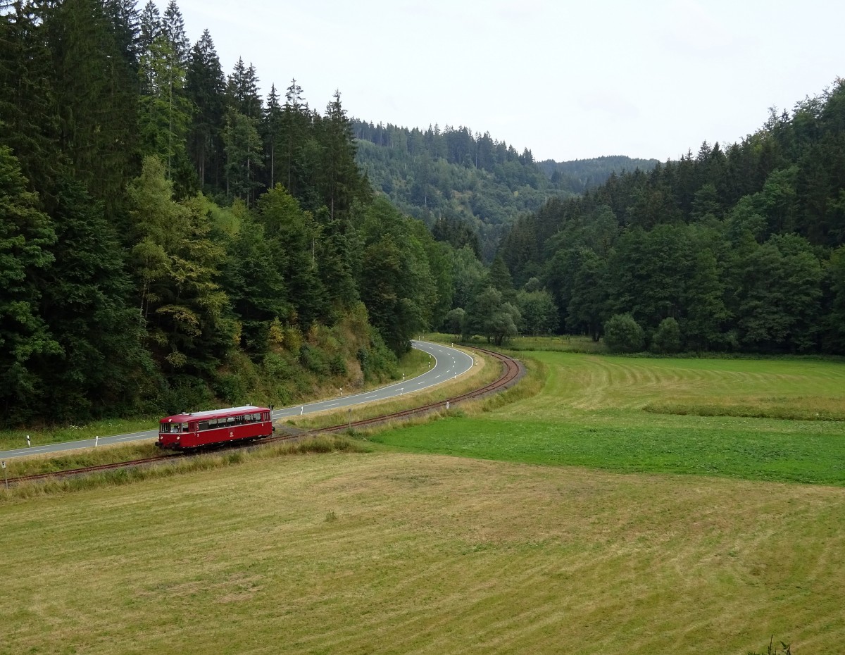 798 731-6 ist am 09. August 2015 auf der Rodachtalbahn zwischen Dürrenwaid und Mauthaus unterwegs.