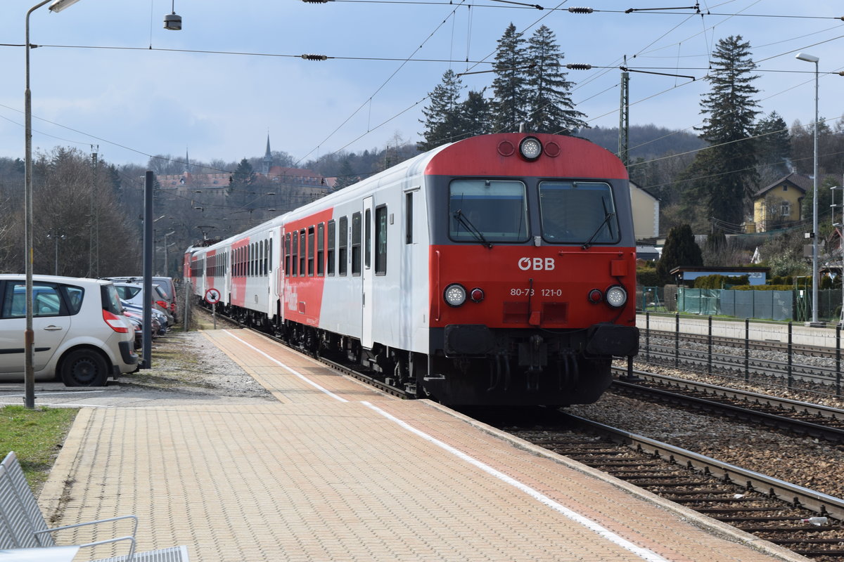 80-73 210 als S50 Richtung Wien Westbahnhof bei der Einfahrt in Tullnerbach-Pressbaum.20.3.2016.