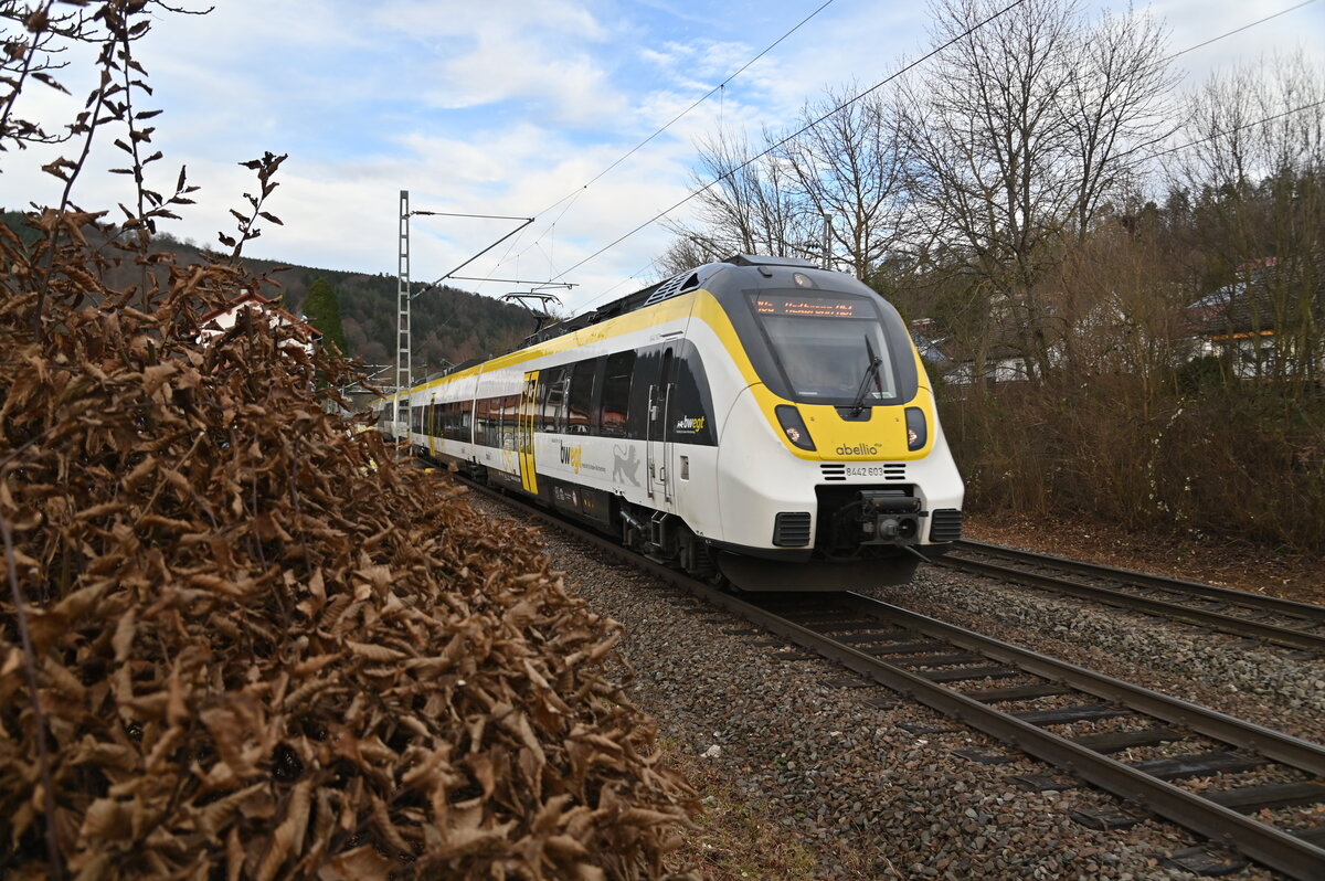 8442 603 ist hier eiligen Rades gen Mosbach Neckarelz fahrend in Neckargerach am letzten Tag des Jahres 2021 zusehen.