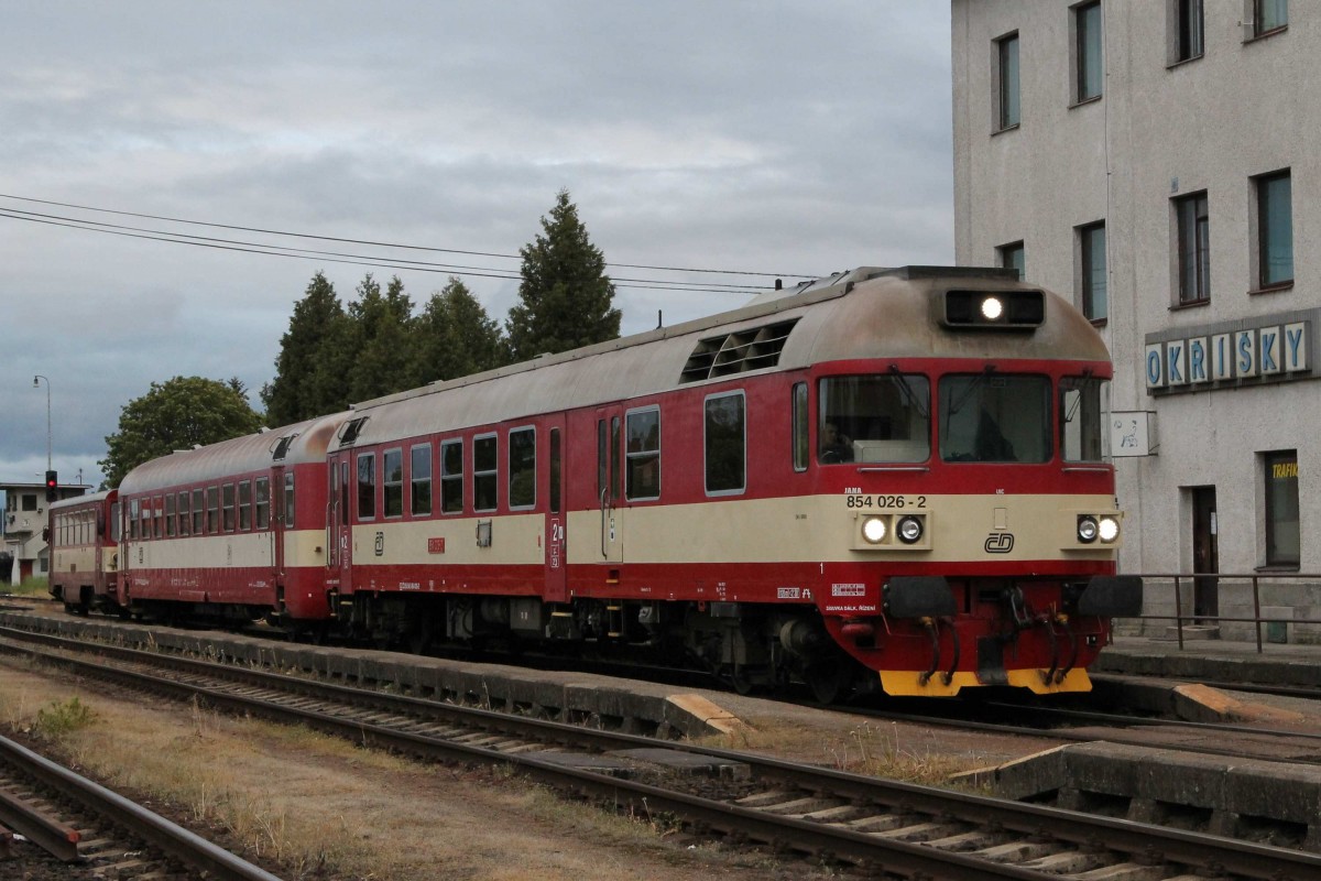 854 026-2, eine Beiwagen der BR 050 und die 810 123-0 mit Os 4819 Jihlava-Brno auf Bahnhof Okříšky am 26-5-2013.