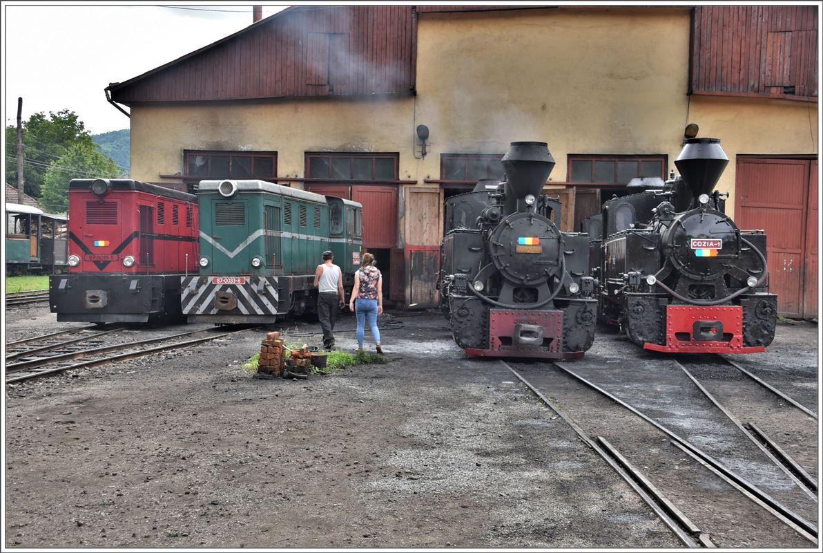 87-0045-5, 87-0033-8. 764.435  Bavaria  und 764.408  Cozia 1  vor dem Depot in Viseu de Sus. (11.06.2017)