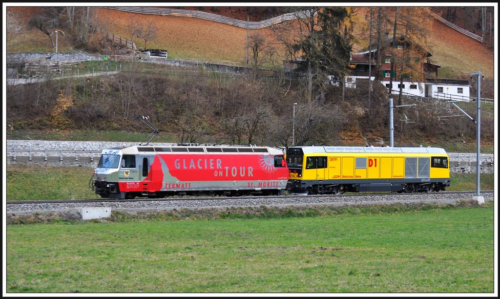 9032 mit Ge 4/4 III und Gmf 4/4 28701 auf Dieselmotor Einstellfahrten zwischen Fideris und Schiers. (28.11.2013)