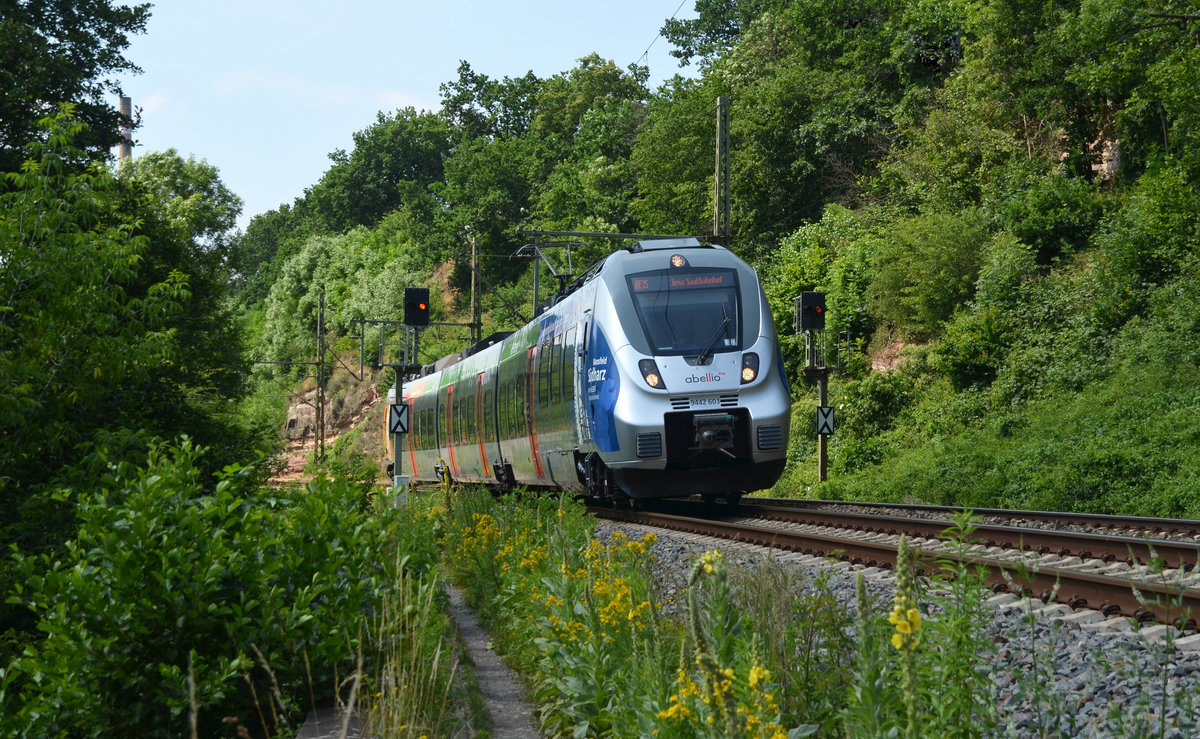 9442 603 der abellio war am 22.06.19 als RE von Saalfeld(S) nach Jena Saalbahnhof unterwegs. Hier passiert er Kahla.