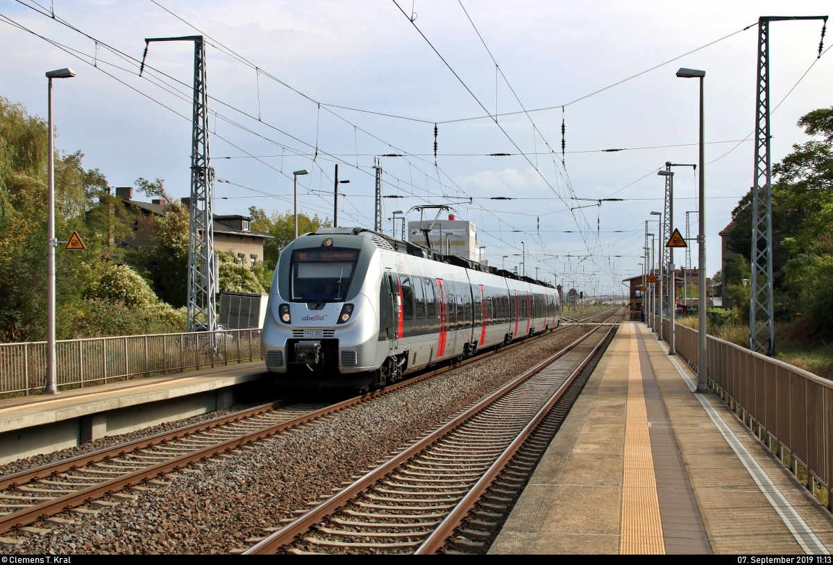 9442 801 (Bombardier Talent 2) der Abellio Rail Mitteldeutschland GmbH als RE 74708 (RE9) von Halle(Saale)Hbf nach Kassel-Wilhelmshöhe durchfährt den Bahnhof Teutschenthal auf der Bahnstrecke Halle–Hann. Münden (KBS 590).
[7.9.2019 | 11:13 Uhr]