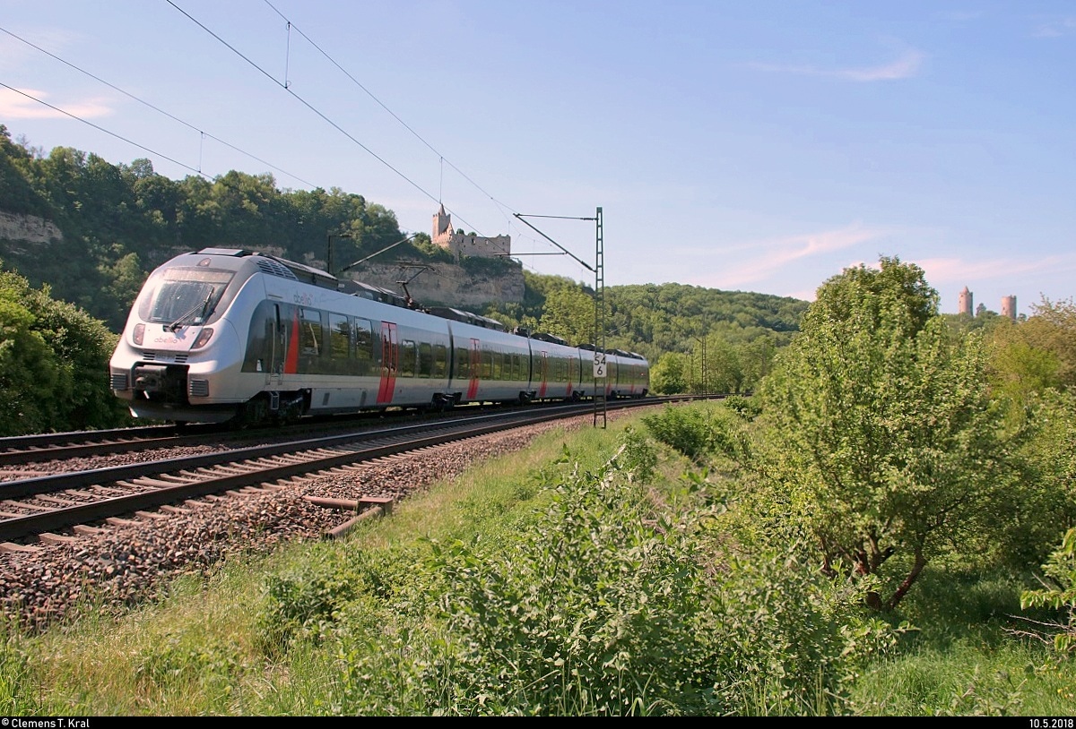 9442 804 (Bombardier Talent 2) von Abellio Rail Mitteldeutschland als SE 74597 (SE15) von Jena-Göschwitz nach Naumburg(Saale)Hbf fährt bei Saaleck auf der Bahnstrecke Halle–Bebra (KBS 580).
[10.5.2018 | 11:27 Uhr]