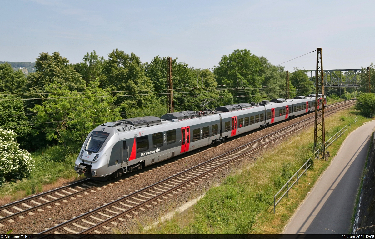 9442 814  Die Wartburg  (Bombardier Talent 2) nimmt Kurs auf Naumburg(Saale)Hbf.
 
🧰 Abellio Rail Mitteldeutschland GmbH
🚝 RB 74666 (RB25) Halle(Saale)Hbf–Saalfeld(Saale)
🚩 Bahnstrecke Halle–Bebra (KBS 580)
🕓 16.6.2021 | 12:05 Uhr