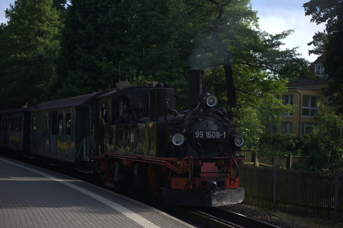 99 1608-8 hier bei der Einfahrt  Haltepunkt Weißes Ross, befördert heute P 3010 nach Moritzburg. Radebeul, 21.05.2014 17:36 Uhr.