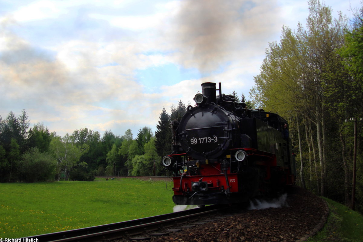 99 1773-3 zieht ihren Zug aus Kretscham-Rothensehma.