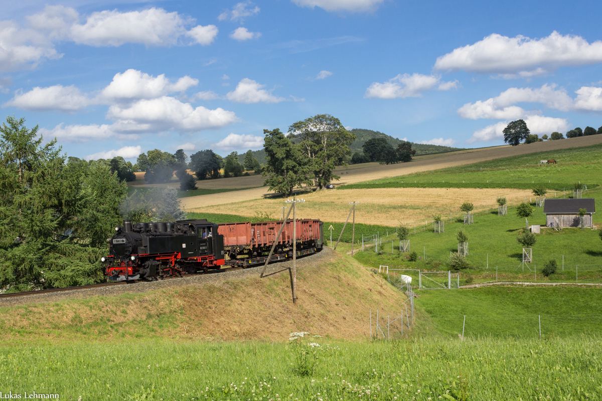 99 1785 mit einem Fotogüterzug in der Cranzahler Fotokurve Richtung Oberwiesenthal, 29.7.17