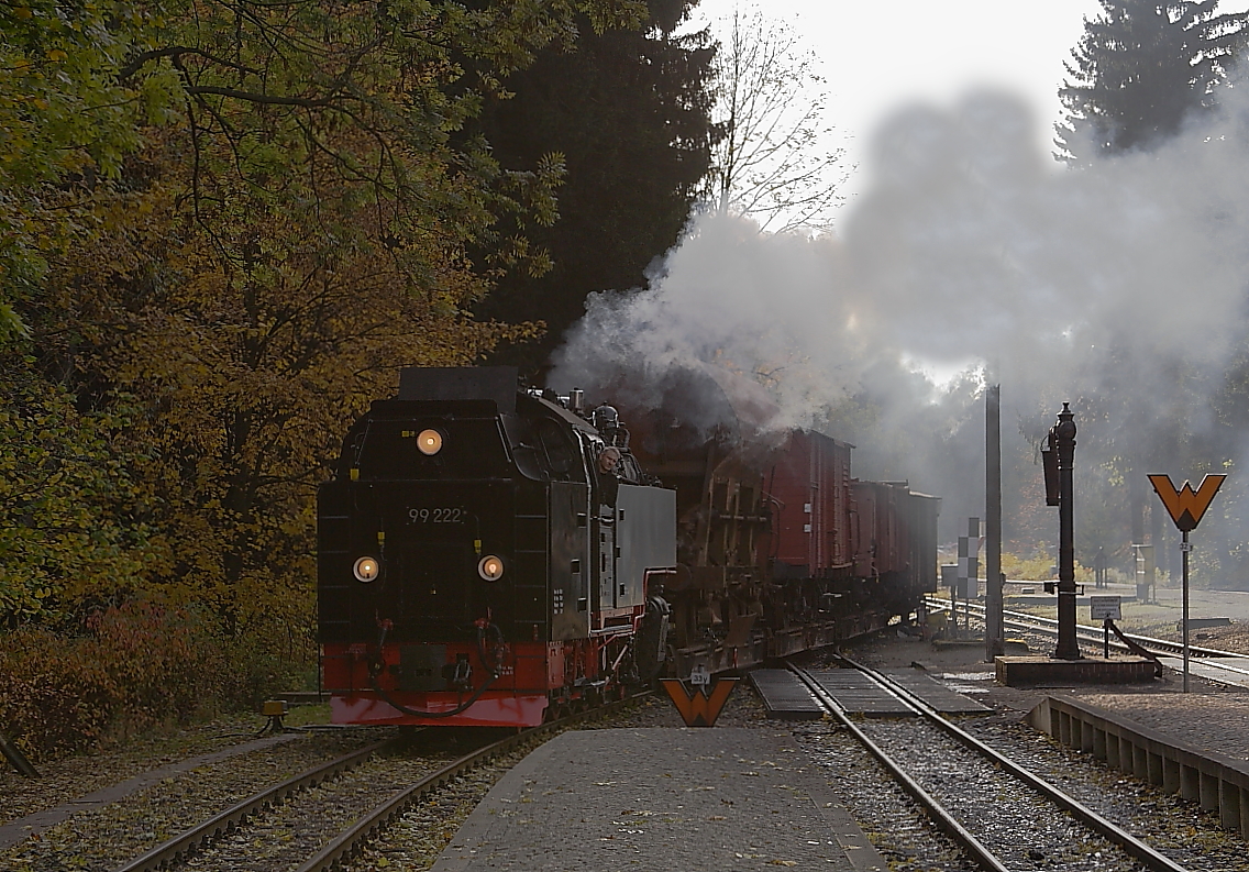 99 222 mit dem Foto-Güterzug der HSB auf der Rückfahrt von  Eisfelder Talmühle  nach Wernigerode, am 19.10.2013 bei der Einfahrt auf Gleis 3 im Bahnhof Drei Annen Hohne.