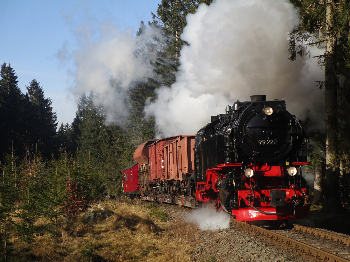 99 222 mit einem Rollwagenzug am 06.02.16 bei Benneckenstein