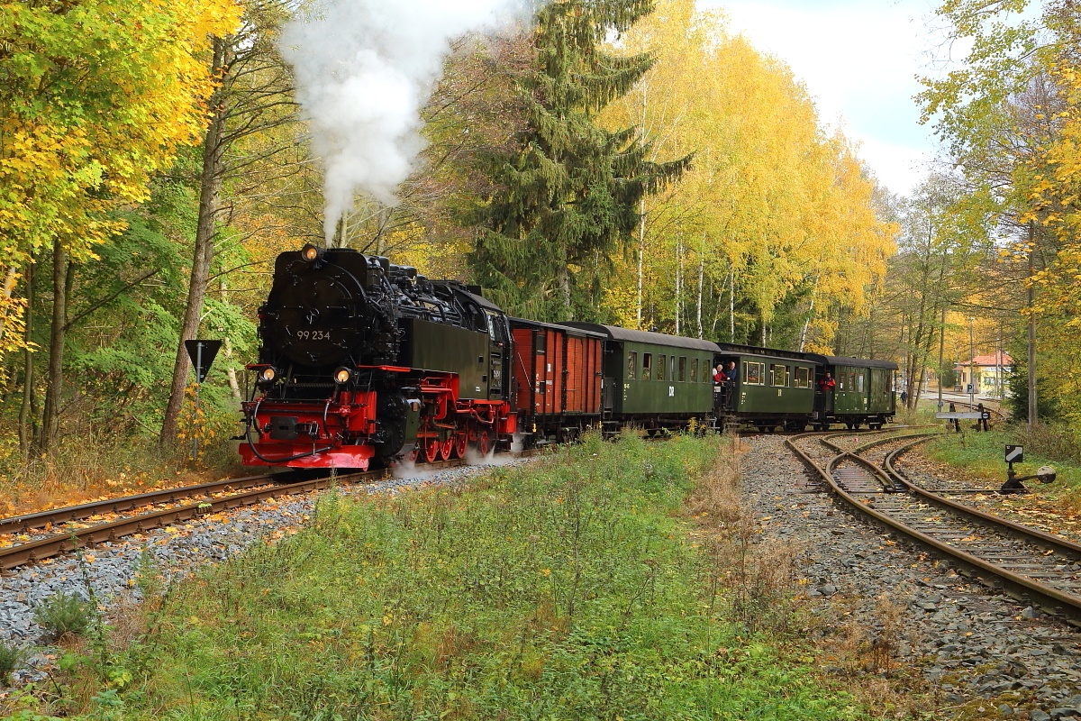 99 234 mit IG HSB-Sonder-PmG am 21.10.2018 kurz nach Verlassen des Haltepunktes Silberhütte/Anhalt. (Bild 2)