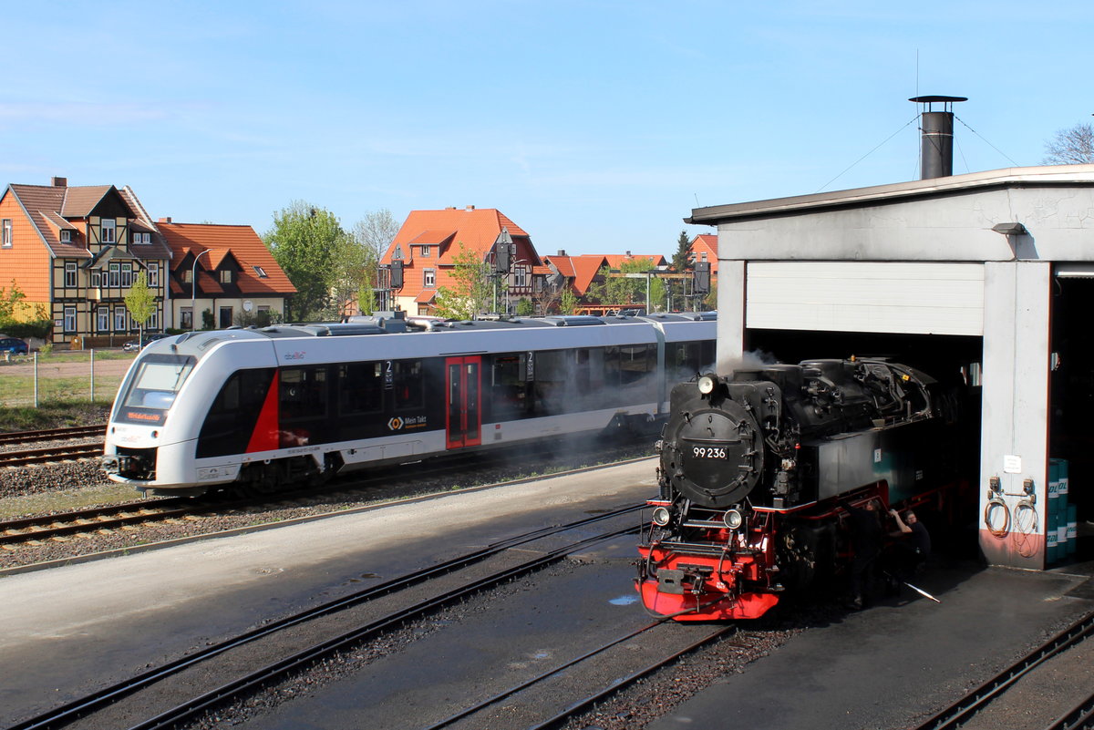 99 236 der HSB dampfte am 25.04.19 vor sich hin, während ein Lint 41 [1648 45x-x] an der Lokhalle vorbeirauschte. 