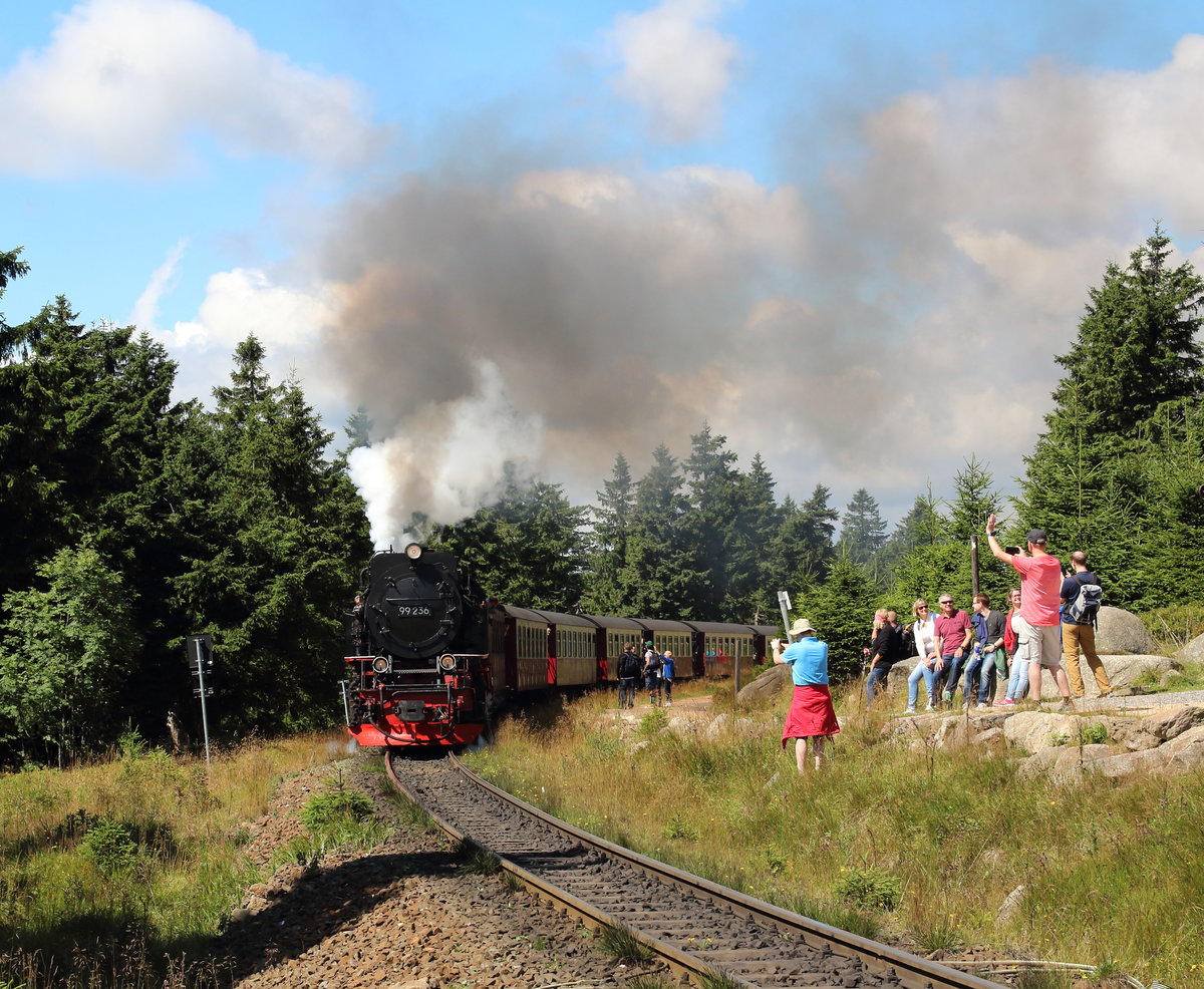 99 236 schnauft mit dem P8925 (Wernigerode - Brocken) den Brocken hinauf und wird gleich die Brockenstraße kreuzen.

Brocken, 06. August 2017