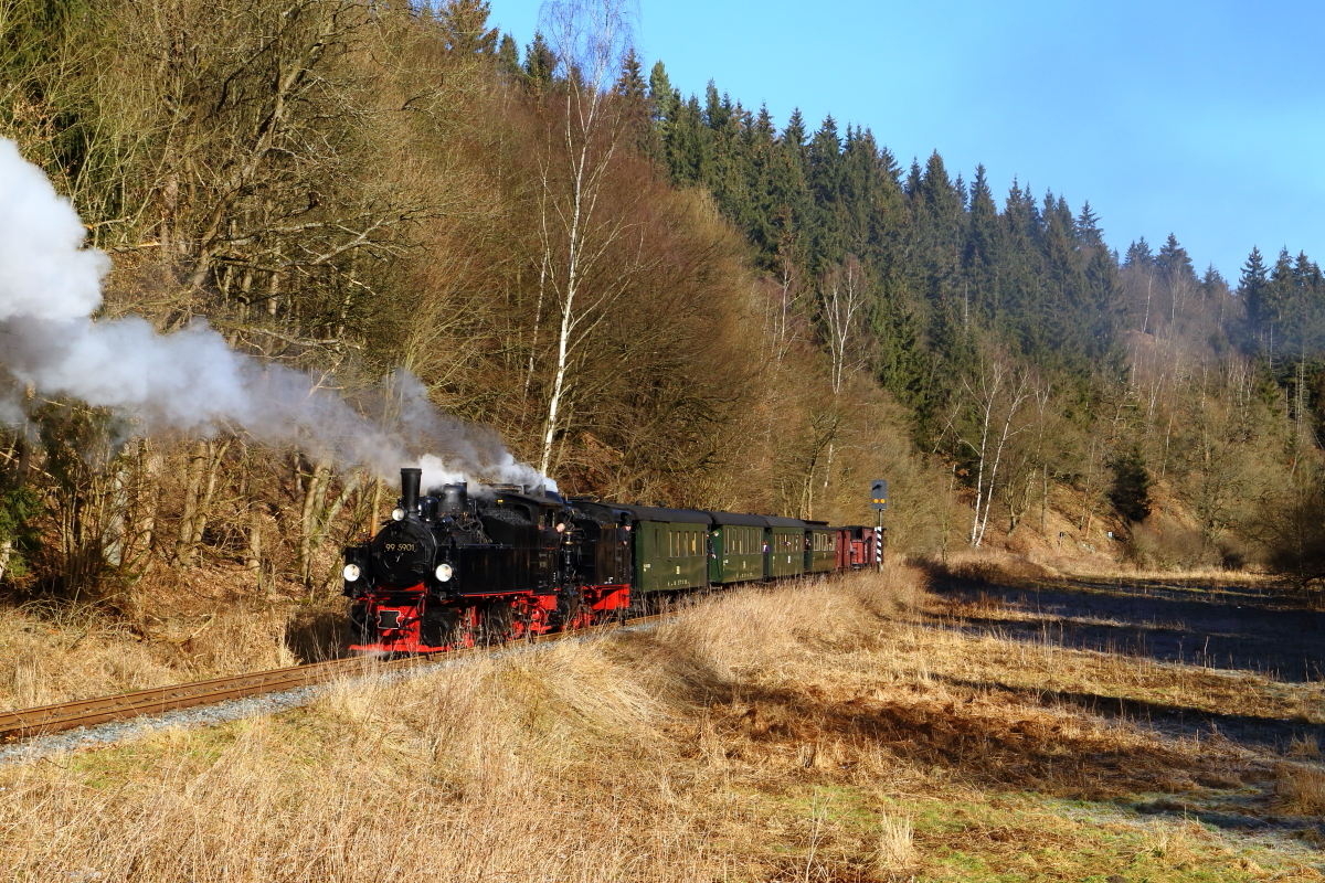 99 5901 und 99 6101 mit IG HSB-Sonder-PmG am 14.02.2015 beim Zurückdrücken zur Vorbereitung einer Scheinanfahrt zwischen Alexisbad und Silberhütte (Anhalt). (km 15,6)
