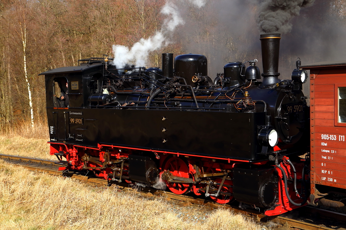 99 5901 beim Fotostopp mit IG HSB-Sonder-PmG am Nachmittag des 26.02.2017 zwischen Mägdesprung und Sternhaus-Ramberg.