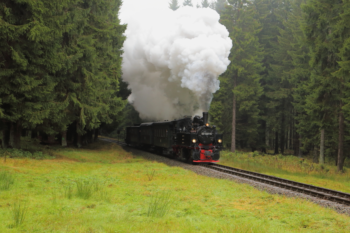 99 5901 mit IG HSB-Sonderzug am 17.10.2015 bei einer Scheinanfahrt zwischen Elend und Sorge. (Bild 2)