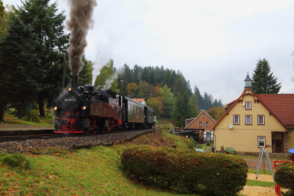 99 5901 mit IG HSB-Sonderzug am 17.10.2015 im Haltepunkt Sorge. (Bild 1)