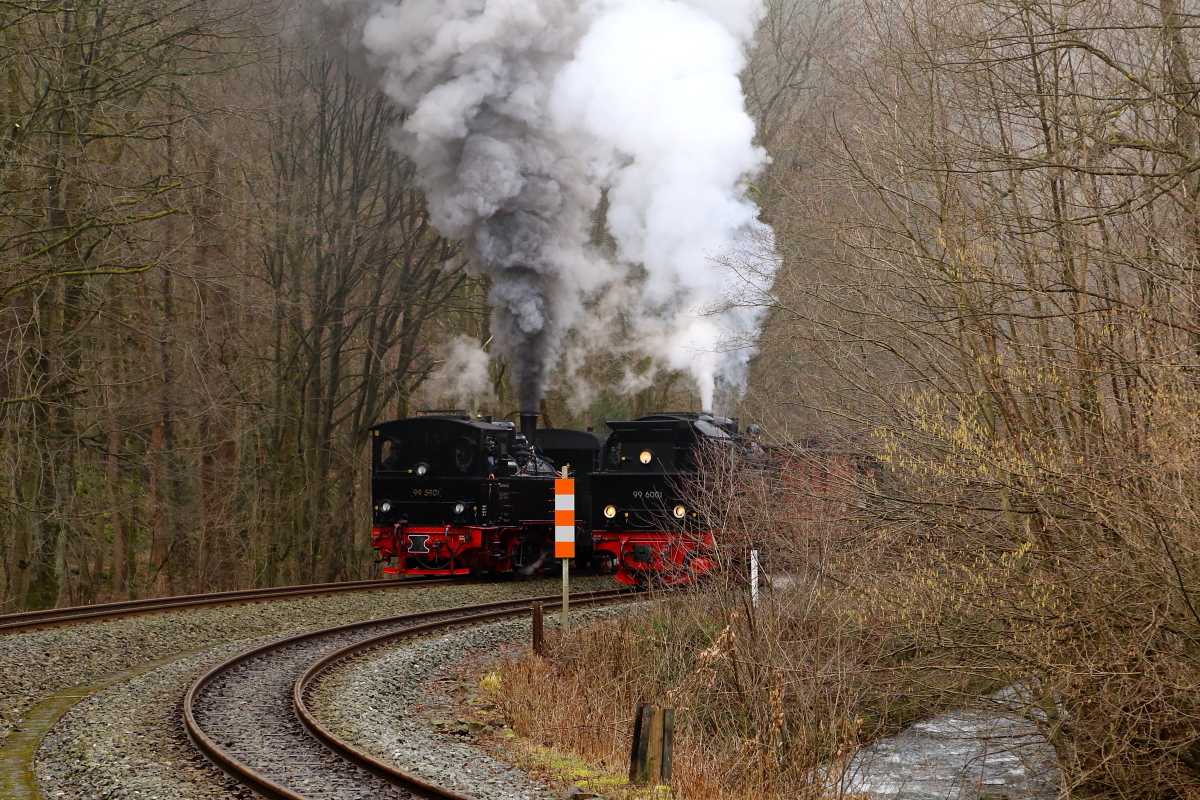 99 5901 mit IG HSB-Sonderzug nach Quedlinburg und 99 6001 mit IG HSB-Sonderzug nach Wernigerode am 07.02.2016 bei einer Parallelfahrt kurz hinter dem Bahnhof Eisfelder Talmühle. (Bild 1)