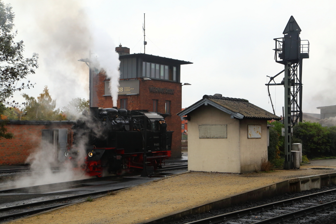 99 6001 am Mittag des 16.10.2015 beim Wasserfassen im Bw Wernigerode. Wenig später wird sie einen Sonderzug der IG HSB, im Rahmen der alljährlichen Herbstveranstaltung des Vereins, zum Brocken und auch wieder zurück bringen.