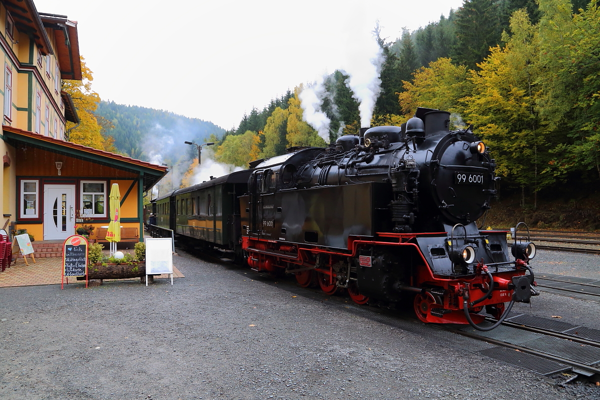 99 6001 mit IG HSB-Sonderzug am 22.10.2016 kurz nach Einfahrt in den Bahnhof Eisfelder Talmühle.