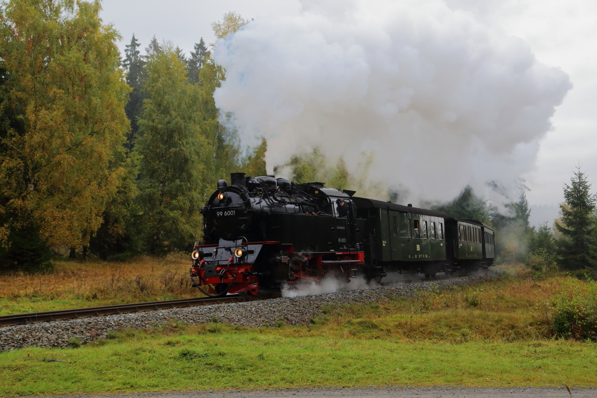 99 6001 mit IG HSB-Sonderzug am 18.10.2015 bei einer Scheinanfahrt, kurz vor dem Bahnübergang Alte Heerstraße, zwischen Drei Annen Hohne und Elend. (Bild 3)