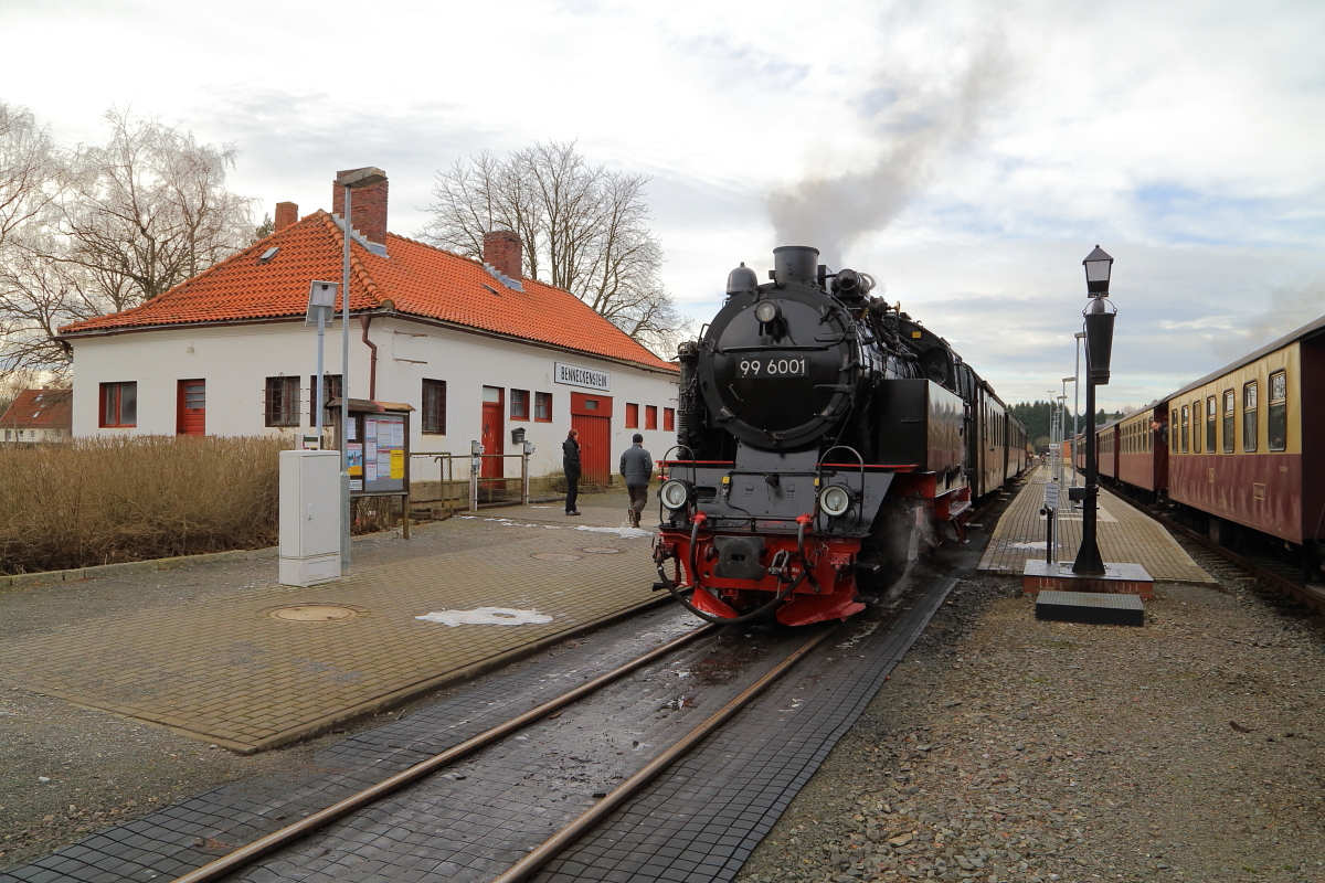 99 6001 mit IG HSB-Sonderzug nach Eisfelder Talmühle am 07.02.2016, kurz vor Ausfahrt, im Bahnhof Benneckenstein. Kurz zuvor wird der rechts stehende Planzug P8920 unter Traktion von 99 7245 den Bahnhof in Richtung Brocken verlassen.