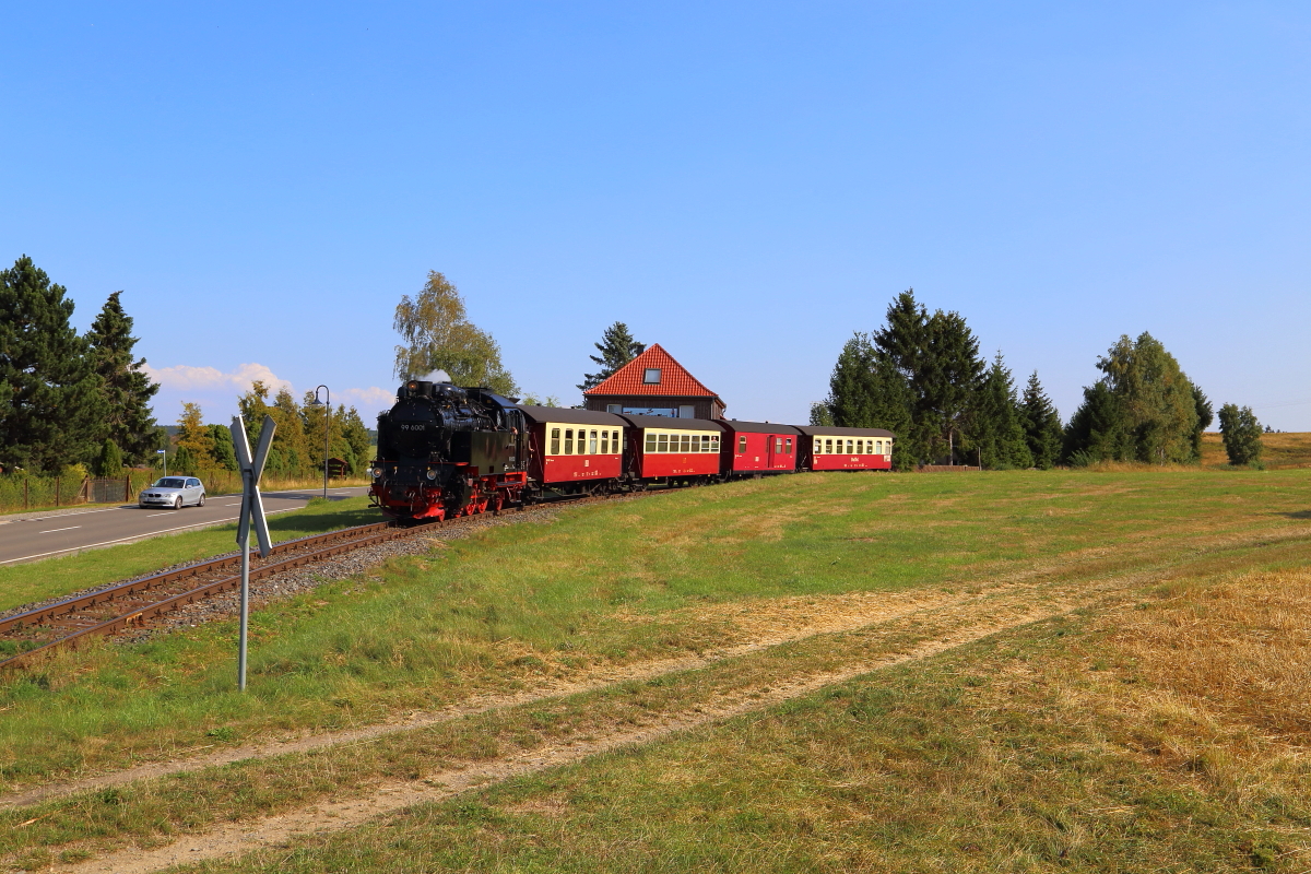 99 6001 mit P 8965 (Gernrode-Hasselfelde) am 31.08.2019 an der Ortsgrenze von Hasselfelde, kurz vor Erreichen des Bahnhofes. (Bild 2)