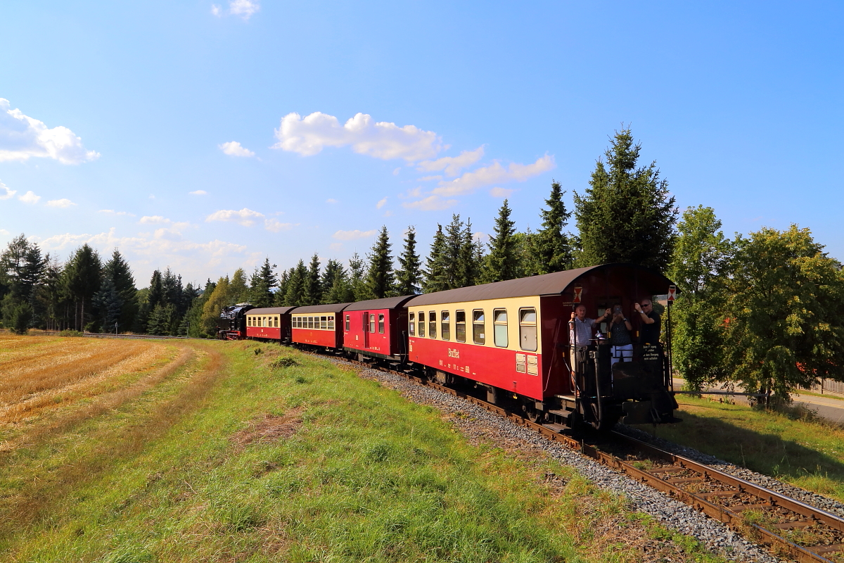 99 6001 mit P 8965 (Gernrode-Hasselfelde) am 31.08.2019 an der Ortsgrenze von Hasselfelde, kurz vor Erreichen des Bahnhofes. (Bild 4)