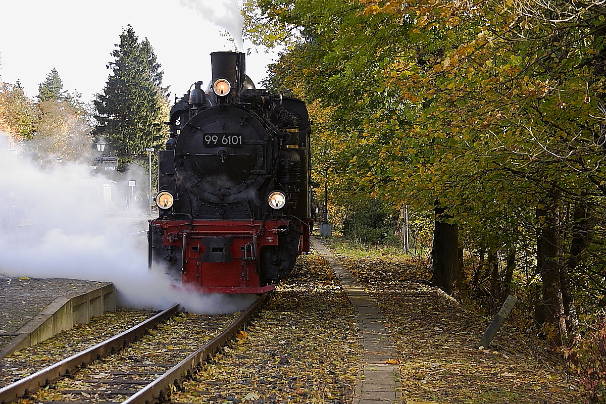 99 6101 am Vormittag des 19.10.2013 auf Gleis 3 im Bahnhof Drei Annen Hohne. Sie hat gerade ihren Sonderzug der IG HSB nach  Eisfelder Talmühle  von Gleis 1 umgesetzt, um dieses für die Einfahrt des Foto-Güterzuges der HSB freizumachen.