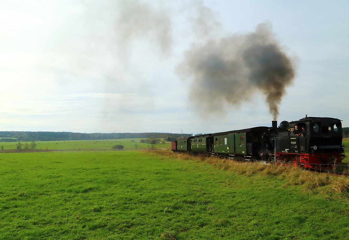 99 6101 mit IG HSB-Sonderzug am 18.10.2014 bei einer Scheinanfahrt auf der Steigung kurz hinter dem Bahnhof Stiege (Strecke Stiege-Hasselfelde). Bild 3