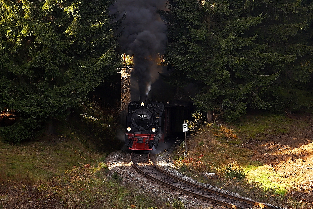 99 6101 mit Sonderzug der IG HSB am 19.10.2013 bei einer Scheinanfahrt zwischen Benneckenstein un d Eisfelder Talmühle (Bild 2). Hier wird geheizt, was die Feuerbüchse hergibt!!