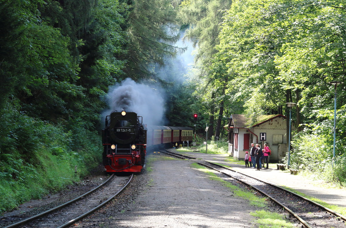 99 7241 erreicht mit dem 14-Uhr-Zug P8937 den Bahnhof Steinerne Renne.

Steinerne Renne, 13. August 2017