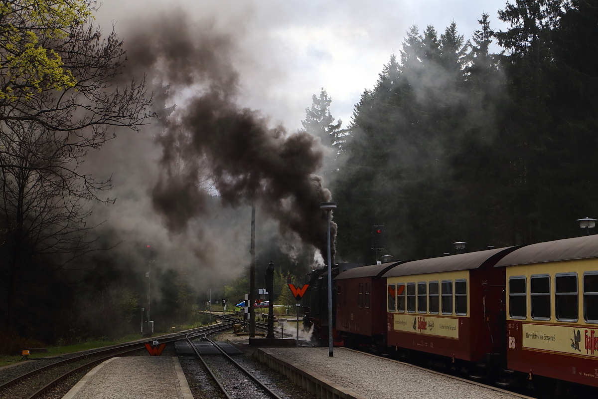 99 7241 mit Brockenzug am Nachmittag des 15.04.2014 auf Gleis 1 im Bahnhof Drei Annen Hohne. Wie man an der Rauchwolke der Lok unschwer erkennen kann, hat der Heizer für die kommende Steigungsstrecke noch ordentlich ein paar Kohlen aufgelegt!