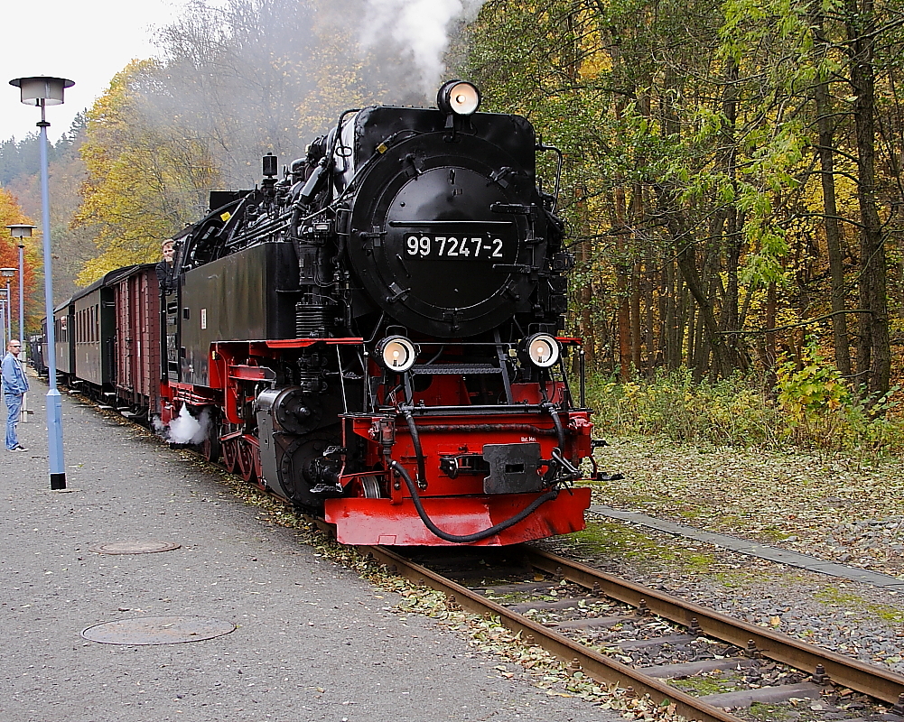 99 7247 mit einem Sonder-PmG der IG HSB am Nachmittag des 20.10.2013 auf Gleis 3 im Bahnhof Alexisbad. In Kürze erfolgt eine Foto-Doppelausfahrt zusammen mit einem Planzug.