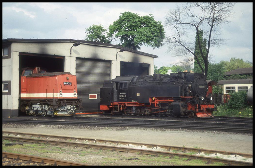 997244 und 199877 gaben sich am 12.5.1994 am Lokschuppen im Bahnhof Wernigerode ein Stelldichein.