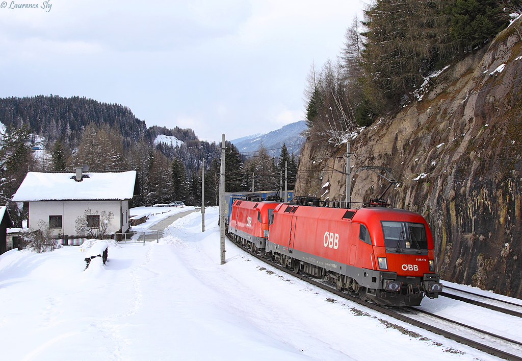 A pair of OBB class 1116 locomotives (1116 178 leading) pass Gries am Brenner whilst working a southbound freight train, 25 Macrh 2014