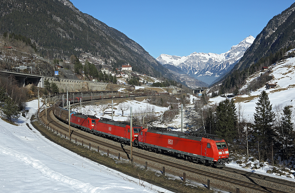 A triple headed DB freight train rounds Wattinger Kurve. The locomotives are 185 096, 185 132 & 185 127, 19 February 2015