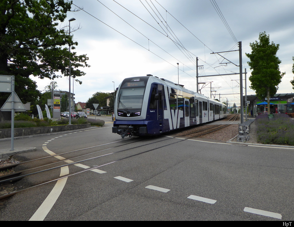 AAR / AV - Triebwagen ABe 4/12  72 unterwegs in Buchs am 12.07.2019  .. Standort des Fotografen auf einem Fussgängerstreifen 