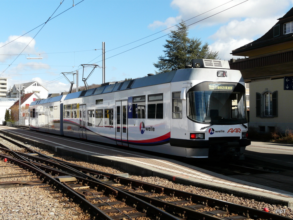 AAR -  Triebwagen ABe 4/8 38 im Bahnhof Schöftland am 22.02.2014