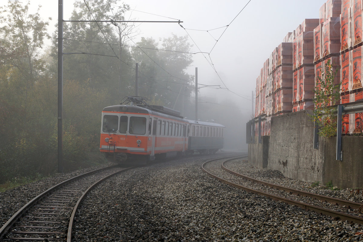 Aare Seeland mobil ASm
Während der Ausführung von Bauarbeiten im Bahnhof Langenthal wurden die in der geschützten Abstellanlage remisierten Fahrzeuge auf andere Standplätze verschoben.
Be 4/4 103 und Br 161 im Morgennebel in St. Urban Ziegelei am 14. Oktober 2018.
Nach der Einstellung des Bahnbetriebes nach Melchnau wird noch ein kurzer Gleisabschnitt nach der Endstation St. Urban Ziegelei zum Abstellen von Fahrzeugen benutzt. Fotografierbar ab dem Bahnübergang. 
Foto: Walter Ruetsch