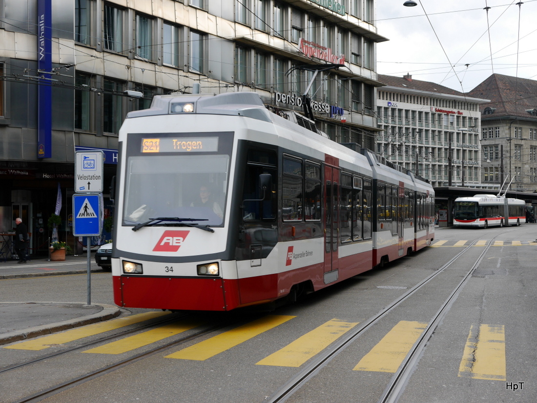 AB / TB - Triebwagen Be 4/8  34 unterwegs in der Stadt St,Gallen am 27.03.2015