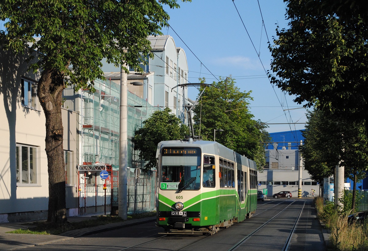 Ab 11.07.2020 verkehrt die Linie 3 von der Krenngasse ausgehend nicht mehr zur Endstelle Laudongasse sondern anstelle der Linie 4 nach Andritz. Am Abend des 10.07.2020 konnte der Tw.605 als letzter Plankurs der Linie 3 zur Laudongasse in der Asperngasse festgehalten werden.